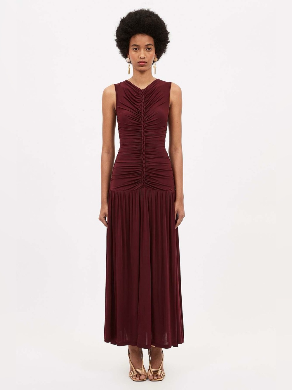 Ulla Johnson Burgundy Ruched V-Neck Maxi Dress